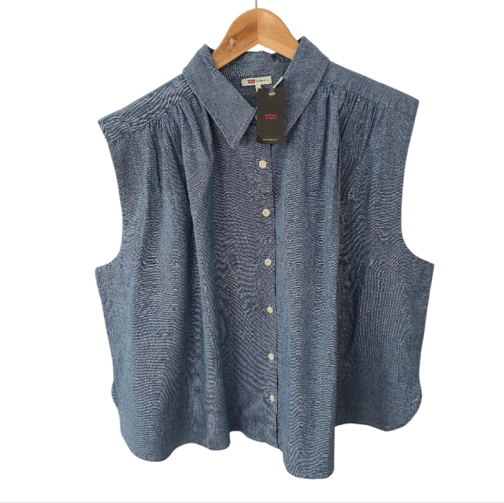 NWT Levi's Women's Sleeveless Blue  Chambray Top Shirred Size XXL